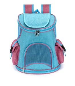 Detail view of a breathable turquoise and pink pet carrier backpack with mesh windows