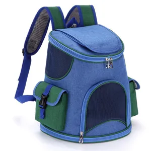 Breathable blue and green portable pet carrier backpack for cats and dogs with mesh windows