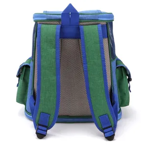 Blue and green portable pet carrier backpack with padded straps and side pockets