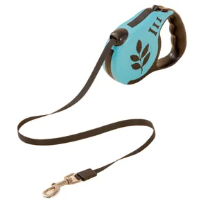 Light blue retractable dog leash with leaf pattern and ergonomic black handle for pet walking.