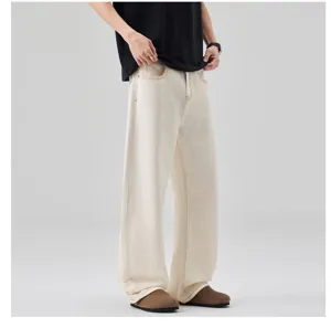 Men off-white wide leg denim jeans casual loose floor-length pants streetwear detail view