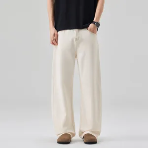 Men Wide Leg Denim Jeans Casual Loose Straight Pants Streetwear Solid Color Cream White Fashion Clothes Trousers Bottom