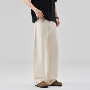 Men's off white wide leg denim jeans casual loose straight fit daily streetwear trousers