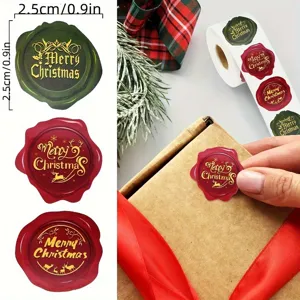 Close-up detail of festive Christmas wax seal stickers applied on a gift box package