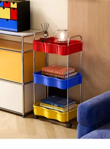 Usage detail of the colorful wavy three-tier rolling cart with chrome metal frame