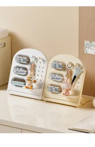 Organizador de escritorio perforado para papelería y maquillaje en blanco y crema