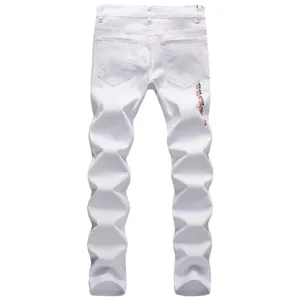 Mens white stacked skinny jeans casual slim fit denim trousers with red back embroidery.