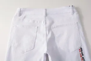 White slim fit straight leg denim trousers for men with back pockets and embroidery detail.