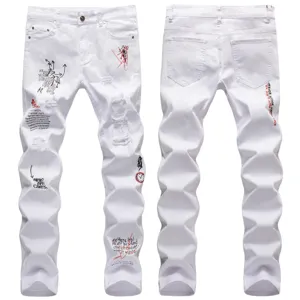 Men High Street White Ripped Embroidered Jeans Slim Fit Straight Leg Graffiti Denim Pants Distressed Fashion Hip Hop Trousers