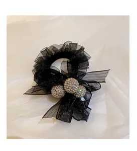 Chouchou de cheveux en filet noir avec strass, attache queue de cheval élégante pour femmes.