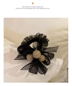 Chouchou de cheveux en résille noire avec nœud et strass, élastique scintillant pour femmes.
