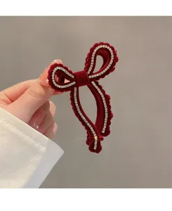Molletta per capelli con fiocco in velluto rosso e strass elegante accessorio donna styling