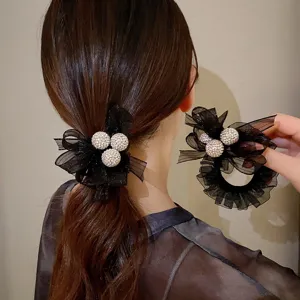 Chouchou Coréen en Maille avec Billes en Strass Nœud en Tulle Noir Élastique à Cheveux Mode pour Femmes