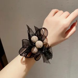 Chouchou en résille noire avec boule de strass, élastique élégant sphère cristal pour queue de cheval.