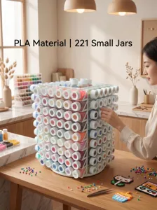 Detailed view of the rotating fuse bead storage tower holding 221 small bottles.