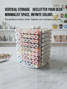 Vertical rotating storage tower for Perler bead bottles, multi-tier craft organizer.