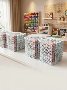 Professional rotating fuse bead storage tower organizer with numbered clear plastic bottles.