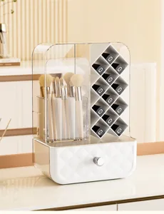 Kosmetik-Organizer mit speziellen Fächern für Pinsel, Lippenstifte und Schmuckschublade.