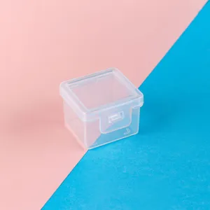 Macro view of transparent mini square PP plastic storage box with secure flip-lid