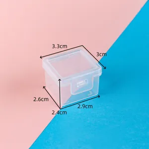 Close-up of mini clear PP plastic storage box with dimension markers for small parts