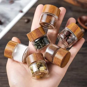 Mini Glass Sealed Jar Portable Storage Bottle Clear Food Jar With Wood Grain Lid For Coffee Powder Tea Small Items