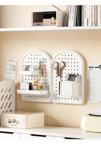 White arch-shaped foldable desktop pegboard organizer with storage accessories