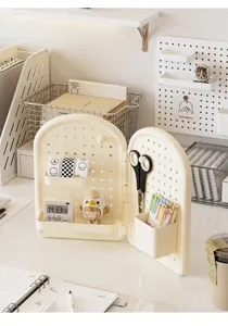 Cream foldable desktop pegboard organizer with storage bins for office stationery