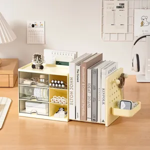 Cream adjustable desk organizer with drawers and integrated bookend for office stationery