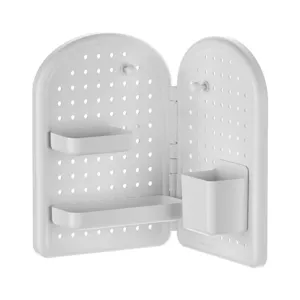 Minimalist white foldable desktop pegboard organizer with storage trays and hooks