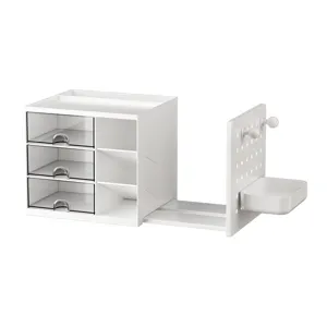 White extendable desk organizer with drawers, pen holder and bookend for office desk