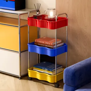 Modern 3-tier colorful wavy rolling utility cart with chrome metal frame and wheels