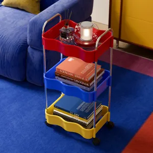 Modern 3-tier wavy rolling cart in vibrant red, blue, and yellow for home storage