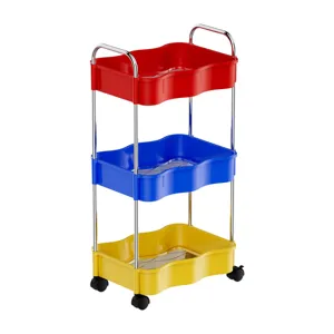 3-tier colorful rolling cart with wave-shaped trays for kitchen and bedroom storage