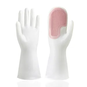 Gants en caoutchouc blancs multifonctionnels avec brosse en silicone rose intégrée pour ménage