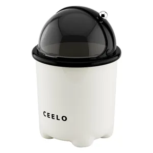 Modern minimalist white astronaut style trash can with black dome lid and CEELO brand logo