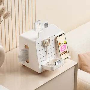 Boîte de Rangement de Bureau Multifonctionnelle Organisateur Forme de Maison Mignonne Avec Panneau Perforé Porte-Boîte à Mouchoirs Et Support de Téléphone