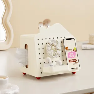 Organisateur de bureau en forme de maison avec panneau perforé et boîte à mouchoirs