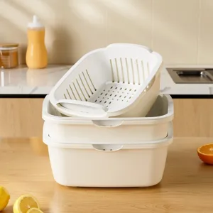 Weißes zweischichtiges stapelbares Küchen-Abtropfkorb-Set für Obst und Gemüse