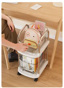 Chariot de rangement mobile blanc à 2 niveaux pour sacs et livres sous un bureau en bois