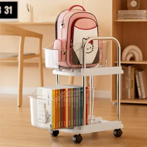 Chariot de rangement blanc à 2 niveaux avec bacs transparents pour sacs et livres