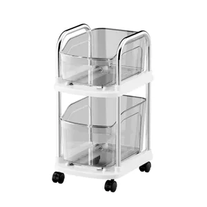 Chariot de rangement blanc à 2 niveaux avec bacs transparents et roues universelles