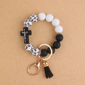Silicone Beaded Wristlet Keychain With PU Tassel Alloy Lobster Clasp Religious Cross Pendant Color Block Printed Keyring For Car Keys Handbag Decoration Unisex Jewelry Gift