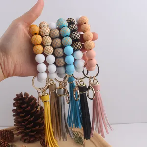 Silicone wood bead keychain wristlet with leather tassel, colorful checkerboard charm bracelet.