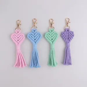 Handmade macrame heart keychain cute woven tassel bag charm set of four vibrant colors