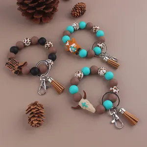 Western Cowboy Silicone Beaded Keychain Wristlet With Leather Tassel For Women Cow Print Heart Boot Bull Head Bag Charm Bracelet Key Ring Accessory Gift