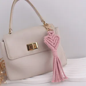 Handmade woven heart tassel keychain bohemian pink bag charm stylish purse accessory