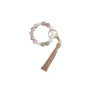 Silicone beaded keychain wristlet with leather tassel, stylish women wrist keyring.