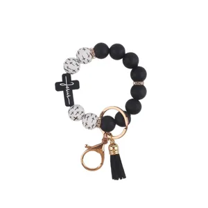 Silikon Perlen Armband Schlüsselanhänger mit Kreuz Anhänger und schwarzer Quaste Accessoire