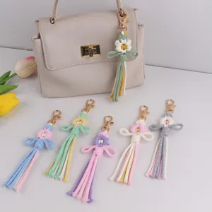 Handgewebt Blume Schlüsselanhänger Baumwollseil Tasche Anhänger Boho Floral Quaste Schlüsselring Für Damen Handtasche Dekor Geschenk
