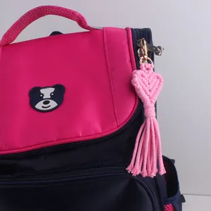Handmade bohemian pink heart tassel bag charm woven keychain accessory for backpack